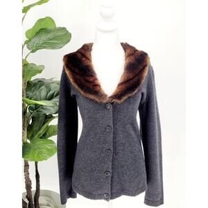 Ralph Lauren Women Gray Wool Faux Fur Trim Shawl Collar Cardigan Sweater Large